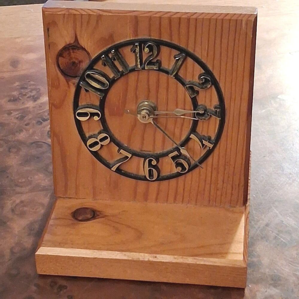 vintage solid pine desk clock takane quartz battery operated tabletop shelf wood